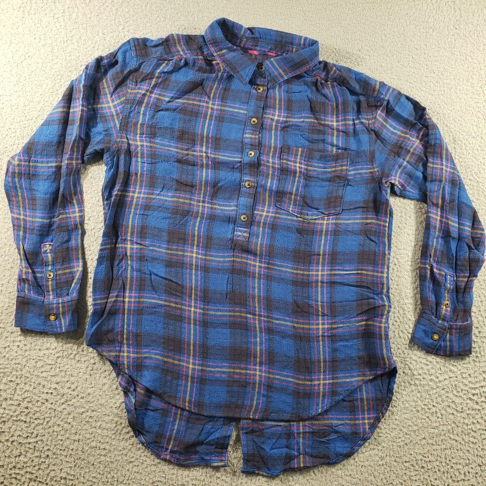 Anthropologie Shirt Womens Medium Blue 1/2 Button Isadora Flannel Plaid Stretch
